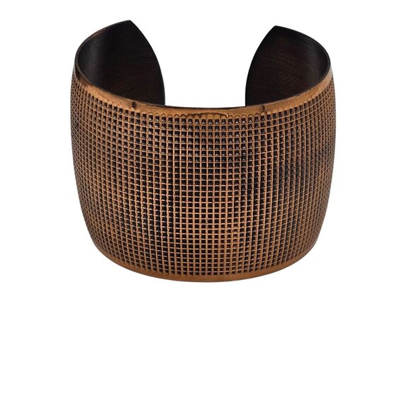 Textured Grid Solid Copper Wide Open Cuff Chunky Bracelet Adjustable - Picture 1 of 10
